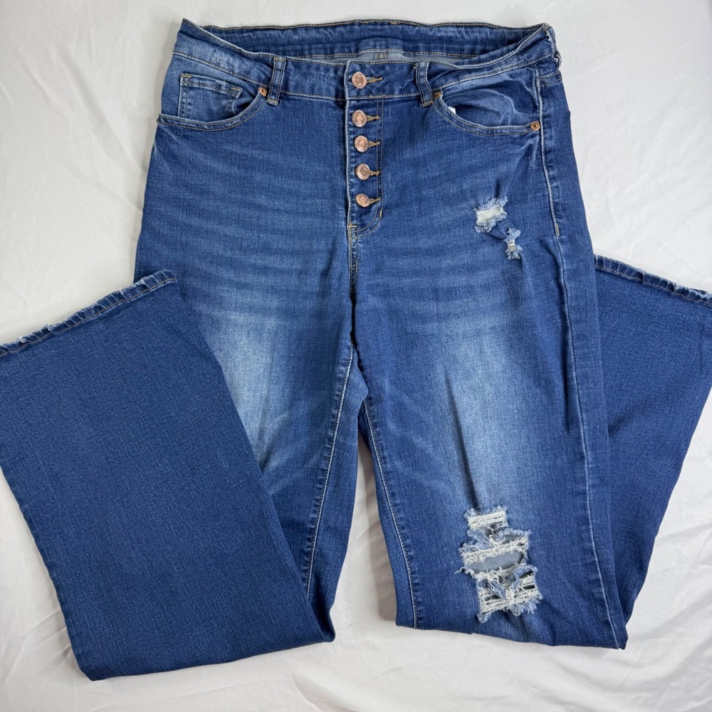 Denim by K Womens High Rise Distressed Flare Jeans Medium Wash Button Fly 30x30